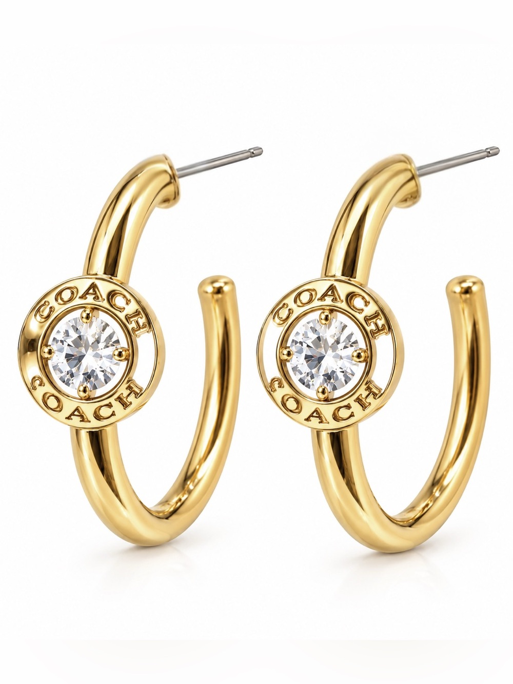 Coach Gold Tone Crystal Logo Medallion Hoop Earrings